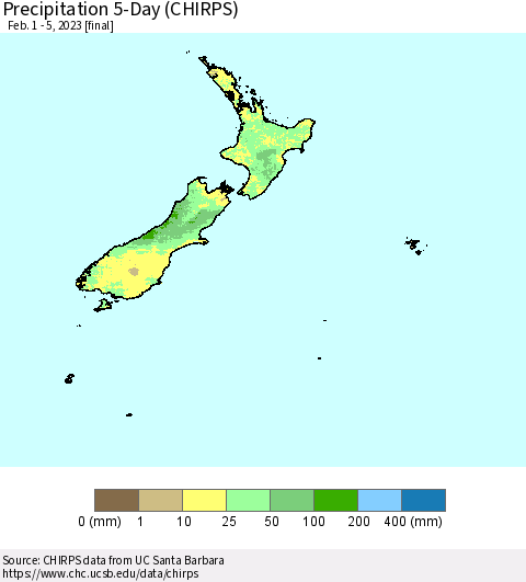 New Zealand Precipitation 5-Day (CHIRPS) Thematic Map For 2/1/2023 - 2/5/2023