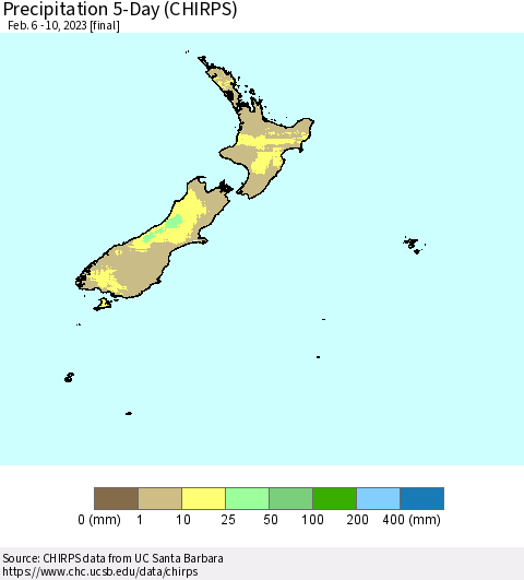 New Zealand Precipitation 5-Day (CHIRPS) Thematic Map For 2/6/2023 - 2/10/2023