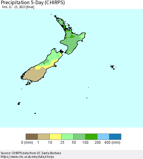 New Zealand Precipitation 5-Day (CHIRPS) Thematic Map For 2/11/2023 - 2/15/2023