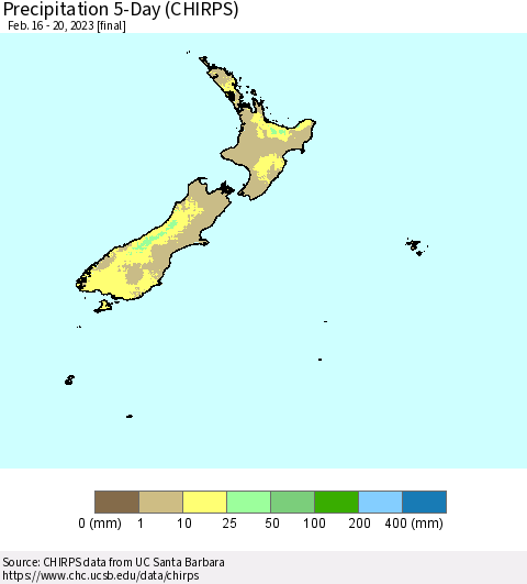 New Zealand Precipitation 5-Day (CHIRPS) Thematic Map For 2/16/2023 - 2/20/2023