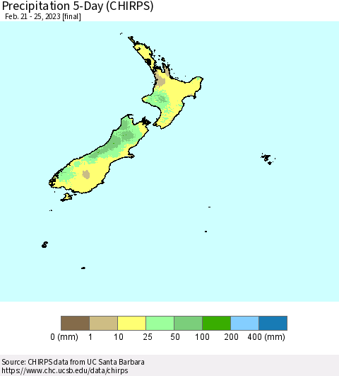 New Zealand Precipitation 5-Day (CHIRPS) Thematic Map For 2/21/2023 - 2/25/2023