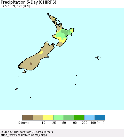 New Zealand Precipitation 5-Day (CHIRPS) Thematic Map For 2/26/2023 - 2/28/2023