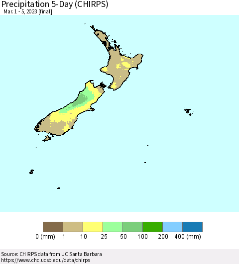 New Zealand Precipitation 5-Day (CHIRPS) Thematic Map For 3/1/2023 - 3/5/2023