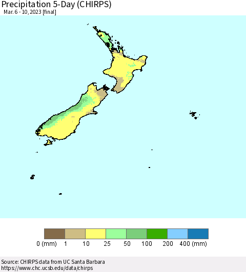 New Zealand Precipitation 5-Day (CHIRPS) Thematic Map For 3/6/2023 - 3/10/2023