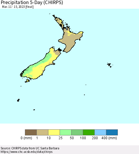 New Zealand Precipitation 5-Day (CHIRPS) Thematic Map For 3/11/2023 - 3/15/2023
