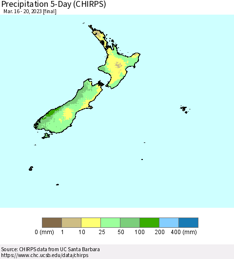 New Zealand Precipitation 5-Day (CHIRPS) Thematic Map For 3/16/2023 - 3/20/2023