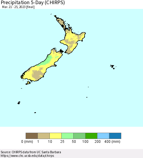 New Zealand Precipitation 5-Day (CHIRPS) Thematic Map For 3/21/2023 - 3/25/2023