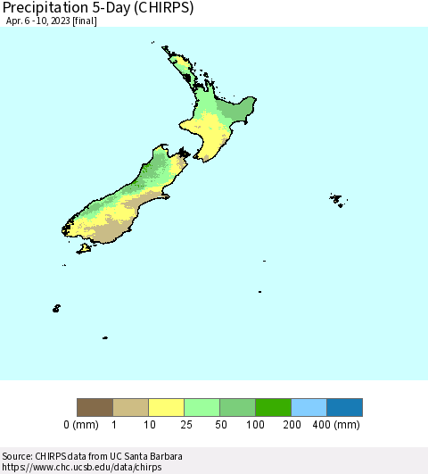 New Zealand Precipitation 5-Day (CHIRPS) Thematic Map For 4/6/2023 - 4/10/2023