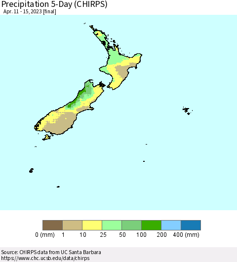 New Zealand Precipitation 5-Day (CHIRPS) Thematic Map For 4/11/2023 - 4/15/2023