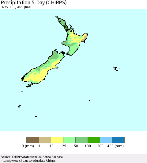 New Zealand Precipitation 5-Day (CHIRPS) Thematic Map For 5/1/2023 - 5/5/2023