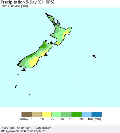 New Zealand Precipitation 5-Day (CHIRPS) Thematic Map For 5/6/2023 - 5/10/2023