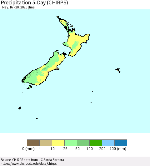 New Zealand Precipitation 5-Day (CHIRPS) Thematic Map For 5/16/2023 - 5/20/2023