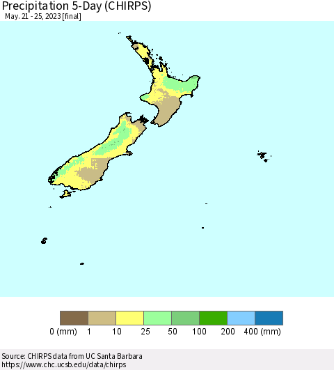 New Zealand Precipitation 5-Day (CHIRPS) Thematic Map For 5/21/2023 - 5/25/2023