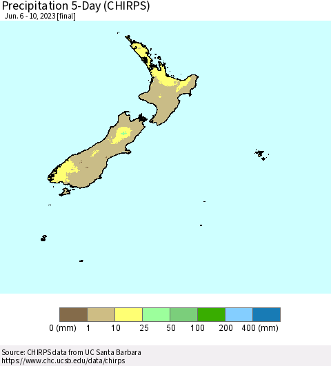 New Zealand Precipitation 5-Day (CHIRPS) Thematic Map For 6/6/2023 - 6/10/2023