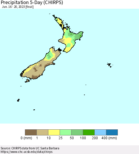 New Zealand Precipitation 5-Day (CHIRPS) Thematic Map For 6/16/2023 - 6/20/2023