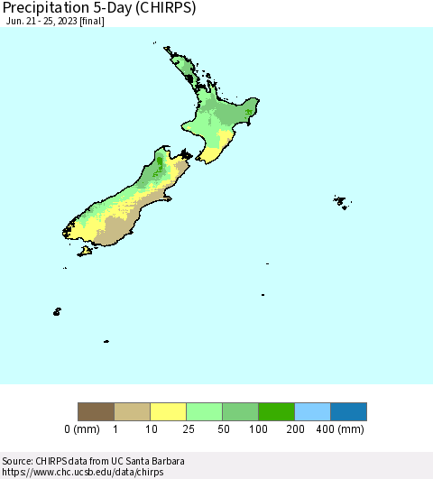 New Zealand Precipitation 5-Day (CHIRPS) Thematic Map For 6/21/2023 - 6/25/2023