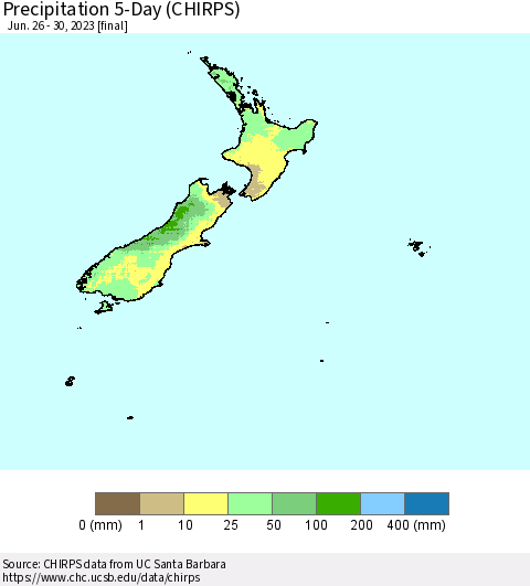 New Zealand Precipitation 5-Day (CHIRPS) Thematic Map For 6/26/2023 - 6/30/2023