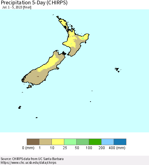 New Zealand Precipitation 5-Day (CHIRPS) Thematic Map For 7/1/2023 - 7/5/2023