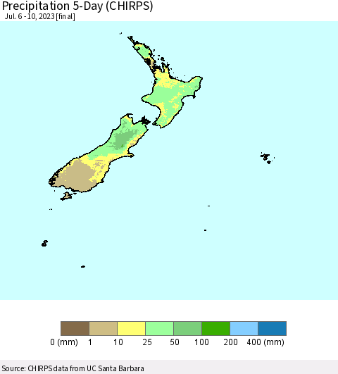New Zealand Precipitation 5-Day (CHIRPS) Thematic Map For 7/6/2023 - 7/10/2023