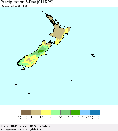 New Zealand Precipitation 5-Day (CHIRPS) Thematic Map For 7/11/2023 - 7/15/2023