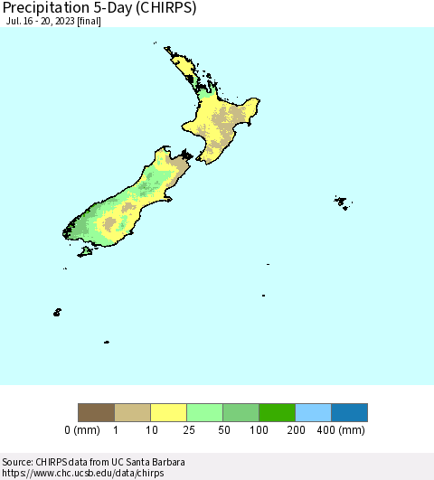 New Zealand Precipitation 5-Day (CHIRPS) Thematic Map For 7/16/2023 - 7/20/2023