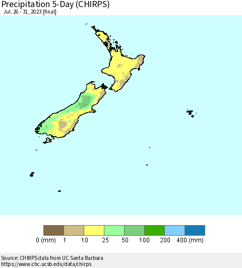 New Zealand Precipitation 5-Day (CHIRPS) Thematic Map For 7/26/2023 - 7/31/2023