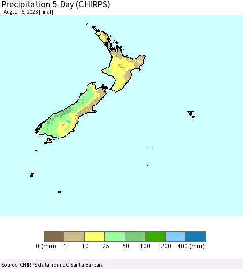 New Zealand Precipitation 5-Day (CHIRPS) Thematic Map For 8/1/2023 - 8/5/2023