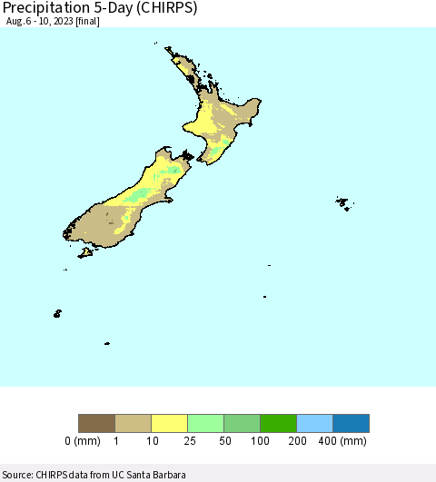New Zealand Precipitation 5-Day (CHIRPS) Thematic Map For 8/6/2023 - 8/10/2023