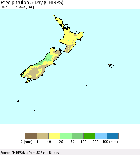New Zealand Precipitation 5-Day (CHIRPS) Thematic Map For 8/11/2023 - 8/15/2023
