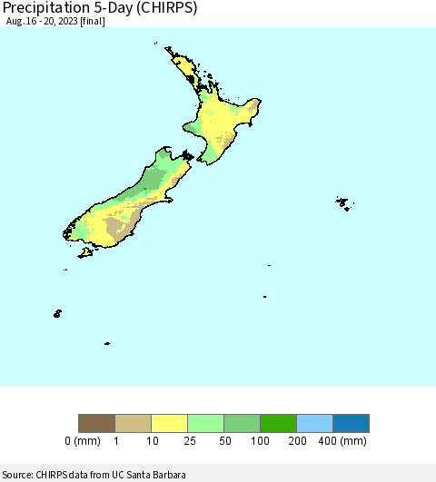 New Zealand Precipitation 5-Day (CHIRPS) Thematic Map For 8/16/2023 - 8/20/2023