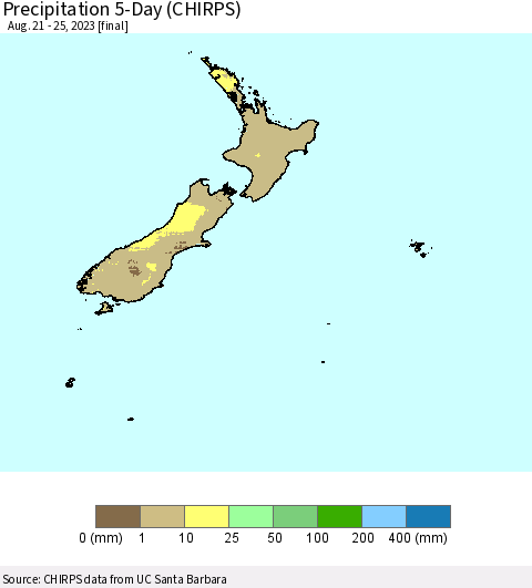 New Zealand Precipitation 5-Day (CHIRPS) Thematic Map For 8/21/2023 - 8/25/2023