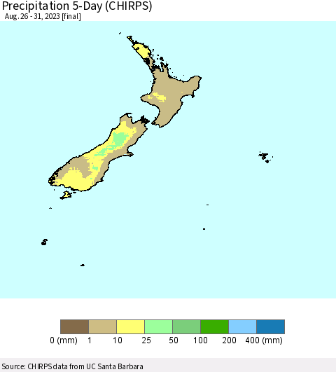New Zealand Precipitation 5-Day (CHIRPS) Thematic Map For 8/26/2023 - 8/31/2023