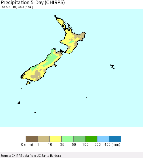 New Zealand Precipitation 5-Day (CHIRPS) Thematic Map For 9/6/2023 - 9/10/2023
