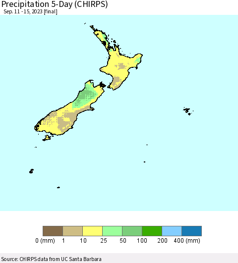 New Zealand Precipitation 5-Day (CHIRPS) Thematic Map For 9/11/2023 - 9/15/2023