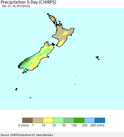 New Zealand Precipitation 5-Day (CHIRPS) Thematic Map For 9/16/2023 - 9/20/2023