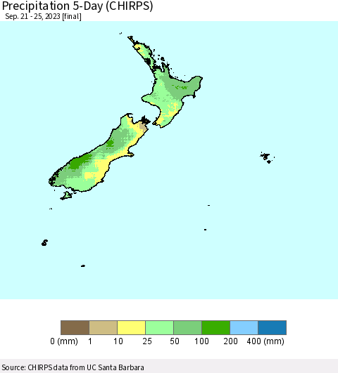 New Zealand Precipitation 5-Day (CHIRPS) Thematic Map For 9/21/2023 - 9/25/2023