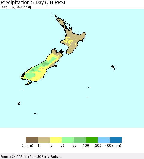 New Zealand Precipitation 5-Day (CHIRPS) Thematic Map For 10/1/2023 - 10/5/2023