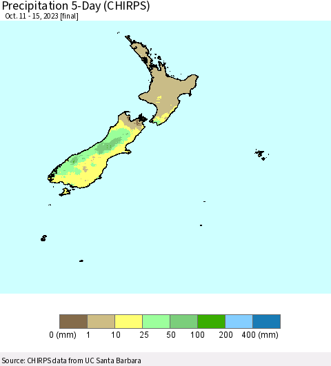 New Zealand Precipitation 5-Day (CHIRPS) Thematic Map For 10/11/2023 - 10/15/2023