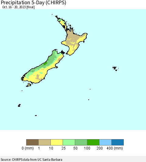New Zealand Precipitation 5-Day (CHIRPS) Thematic Map For 10/16/2023 - 10/20/2023