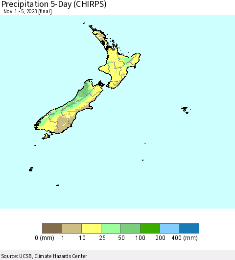 New Zealand Precipitation 5-Day (CHIRPS) Thematic Map For 11/1/2023 - 11/5/2023