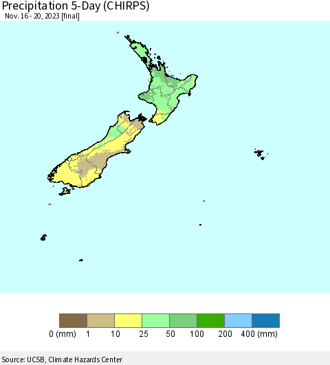 New Zealand Precipitation 5-Day (CHIRPS) Thematic Map For 11/16/2023 - 11/20/2023