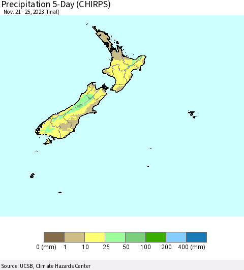 New Zealand Precipitation 5-Day (CHIRPS) Thematic Map For 11/21/2023 - 11/25/2023