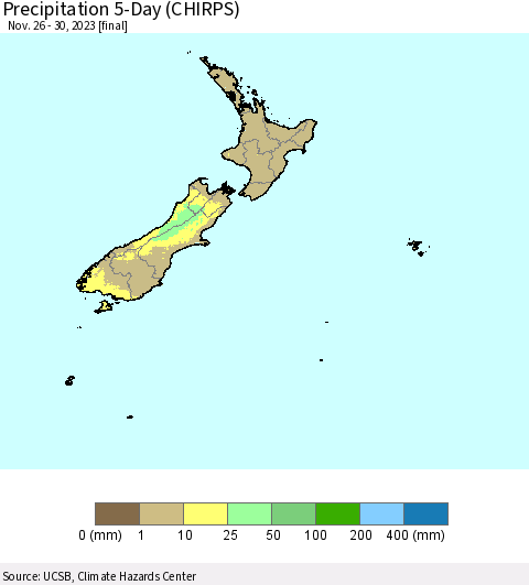 New Zealand Precipitation 5-Day (CHIRPS) Thematic Map For 11/26/2023 - 11/30/2023