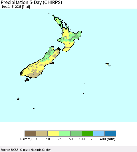 New Zealand Precipitation 5-Day (CHIRPS) Thematic Map For 12/1/2023 - 12/5/2023