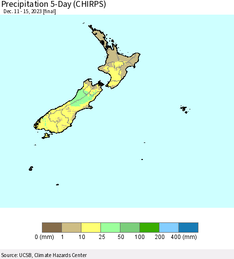 New Zealand Precipitation 5-Day (CHIRPS) Thematic Map For 12/11/2023 - 12/15/2023