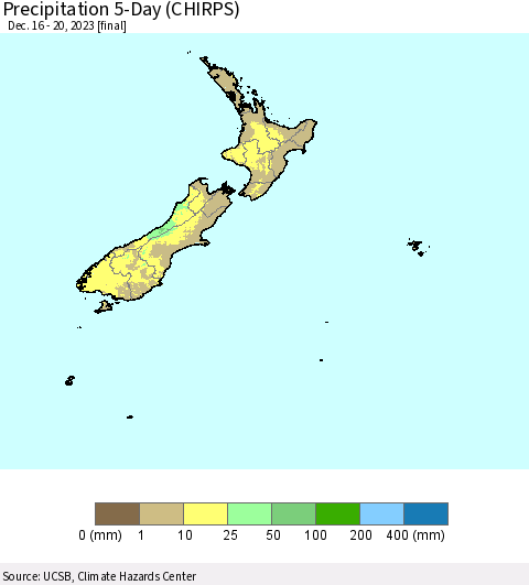 New Zealand Precipitation 5-Day (CHIRPS) Thematic Map For 12/16/2023 - 12/20/2023