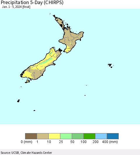 New Zealand Precipitation 5-Day (CHIRPS) Thematic Map For 1/1/2024 - 1/5/2024