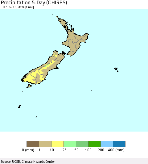 New Zealand Precipitation 5-Day (CHIRPS) Thematic Map For 1/6/2024 - 1/10/2024