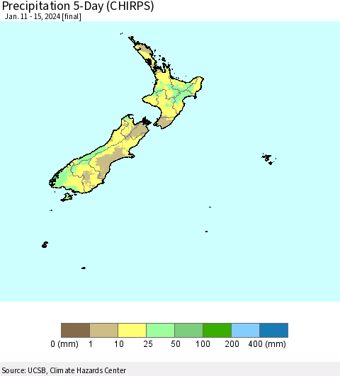 New Zealand Precipitation 5-Day (CHIRPS) Thematic Map For 1/11/2024 - 1/15/2024