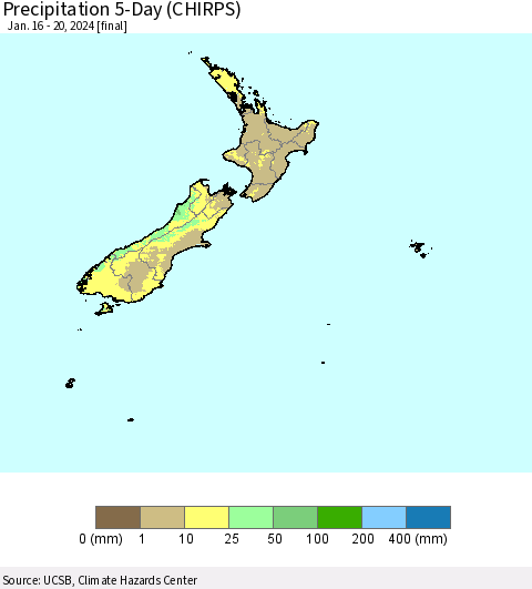 New Zealand Precipitation 5-Day (CHIRPS) Thematic Map For 1/16/2024 - 1/20/2024